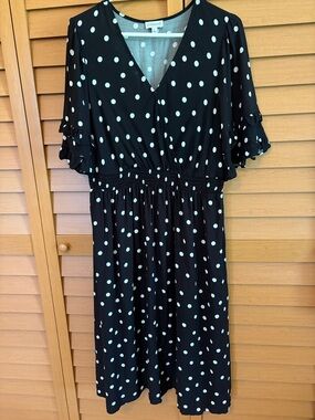Luxology Black Midi Dress with White Polka Dots